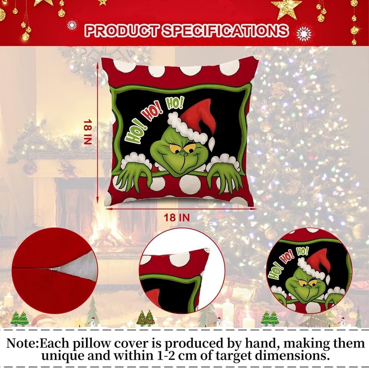 4 Christmas Grinch Throw Pillow Covers Linen Decor Farmhouse 18"