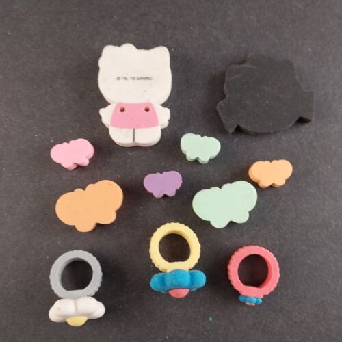 Hello Kitty Erasers set with 11 Pieces Butterflies Rings Flowers Vintage White