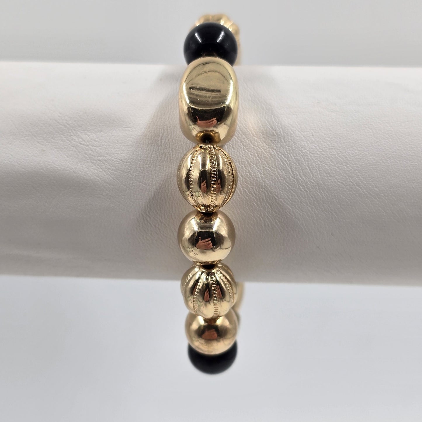 Set of 2 Stretch Bracelets Gold Tone Enamel Black Red Beige Faux Pearl Beads 7"
