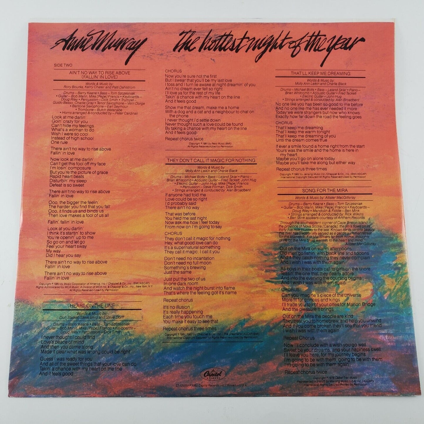 Anne Murray Vinyl LP The Hottest Night Of The Year Capitol ST-12225 1982