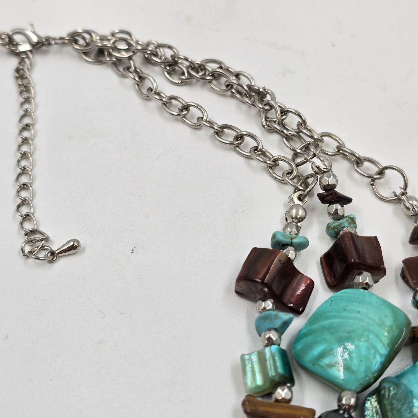 Triple Strand Necklace in Brown Turquoise Glass Beads Bohemian Silver Tone Chain