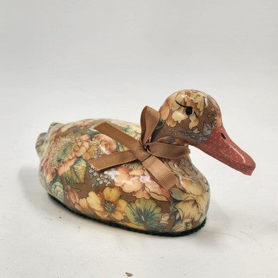 Duck Decoy Floral Decoupage w Display Ribbon Felt Base Decorative Porcelain 9”L