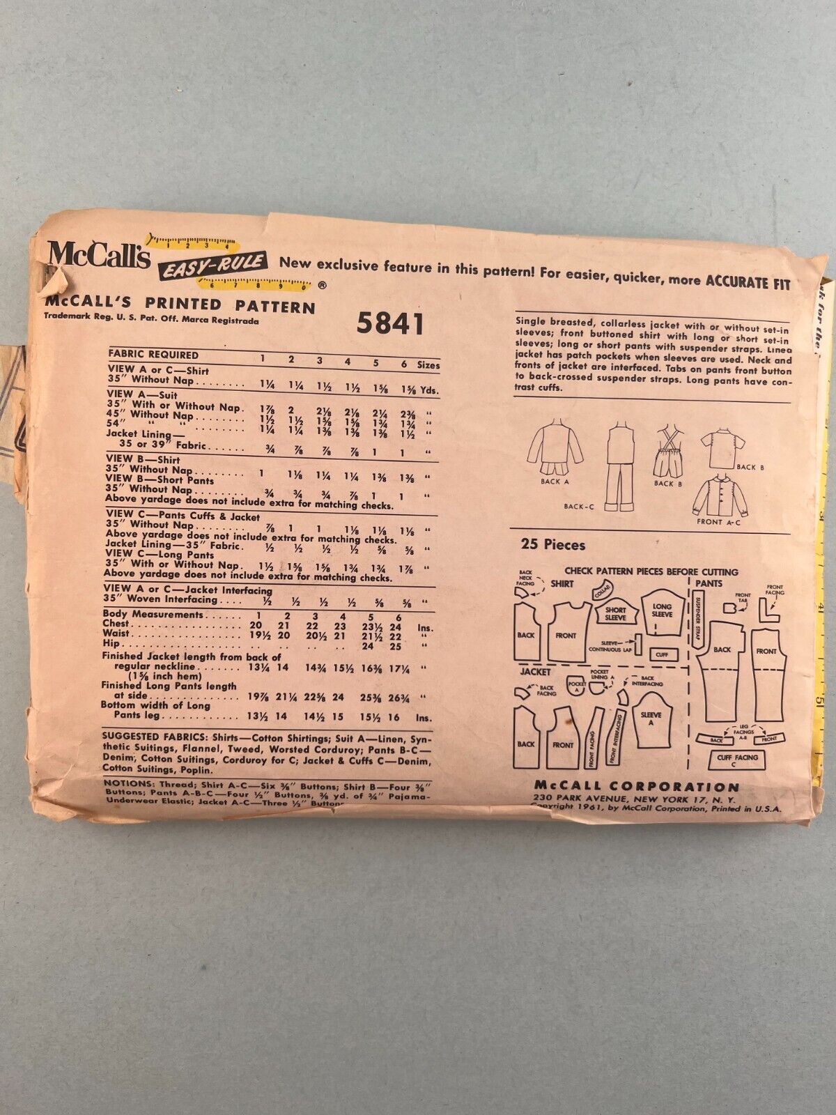 McCall's 5841 Vintage Sewing Pattern '61 Boys Suit w Jacket Pants Shirt Size 6