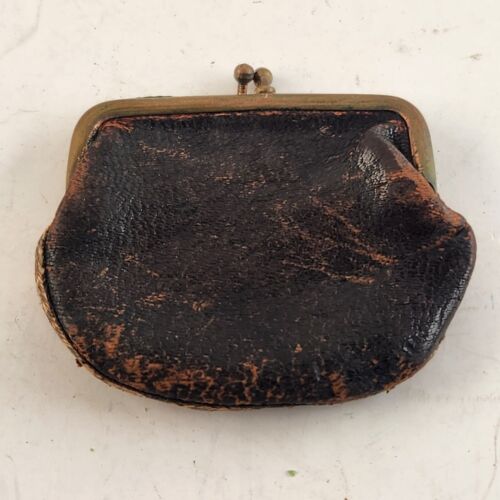 Vintage Black Leather Mini Coin Purse Gold Trim Kiss Closure Rustic
