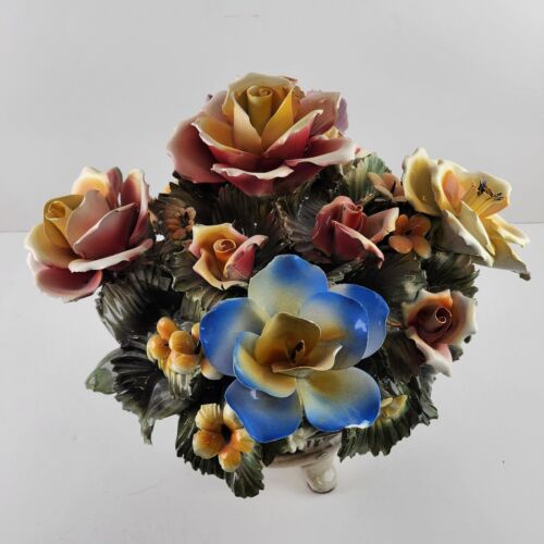 Capodimonte Large Floral Multicolor Centerpiece Footed Short Vase 10.5"h Chipped