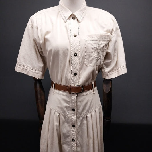 Liz Claiborne Chic Beige Cotton Shirt Dress Button Front with Belt Pockets Sz 4