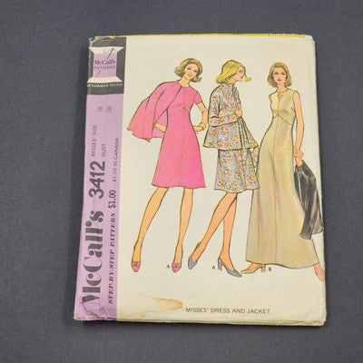 McCall's 3412 Vintage Sewing Pattern 1972 Uncut Misses' Dress and Jacket Size 16