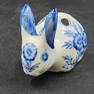 Blue White Porcelain Bunny Rabbit Flower Frog 4.5" 5 Holes Floral Holder