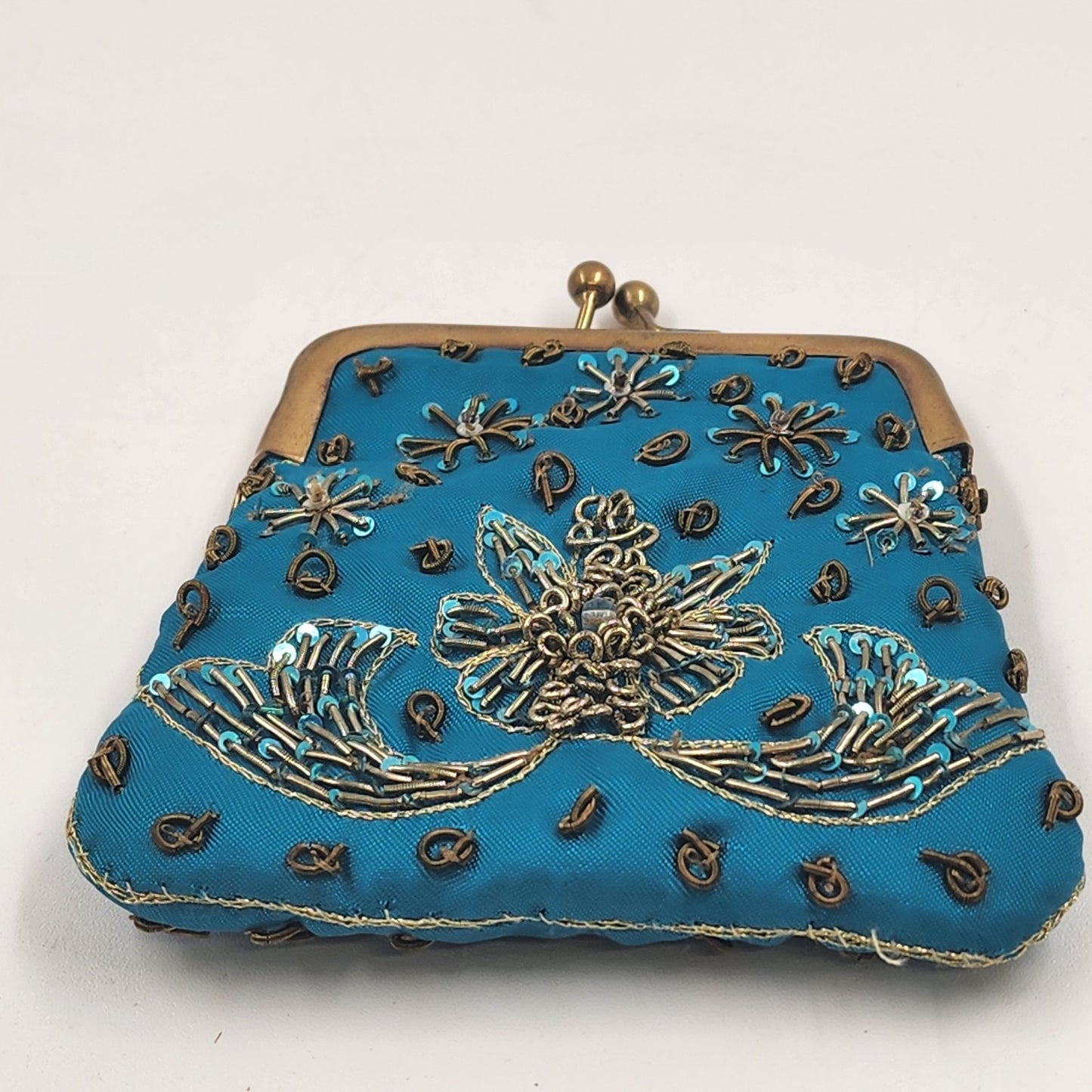 Indian Coin Purse Brass Clasp Outline Stitch Sequins and Glass Beads Vintage 4"w