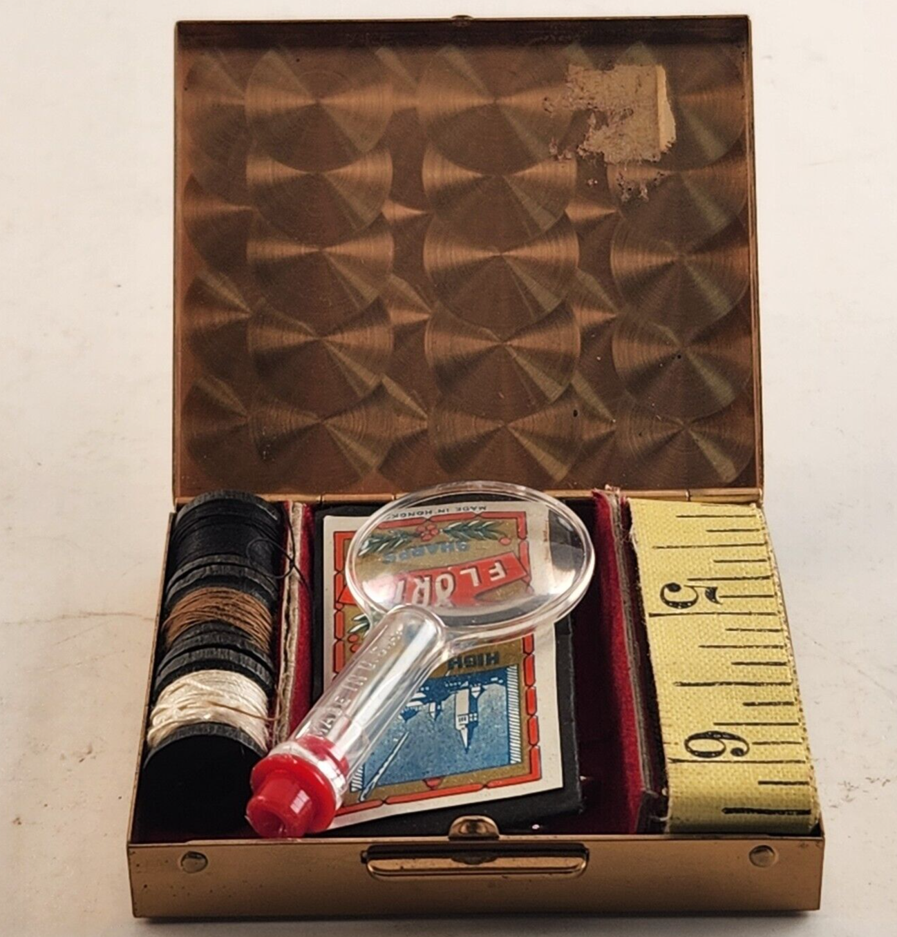 Vintage Sew 'n Stuff Gold Metal Sewing Kit Rhinestones Florida 3"