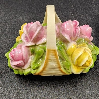 Porcelain Basket w Handle 5"h Pink Yellow Rose Bouquet 2 pcs Trinket Box Germany