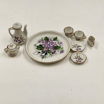 Miniature Tea Set for 2 White w/ Purple Lily Flowers & Gold Trim Vtg