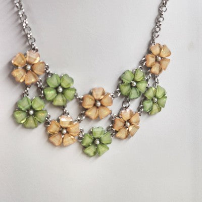 RMN Silver Tone Chain Green Yellow Flowers & Rhinestone Pendant Necklace 10"