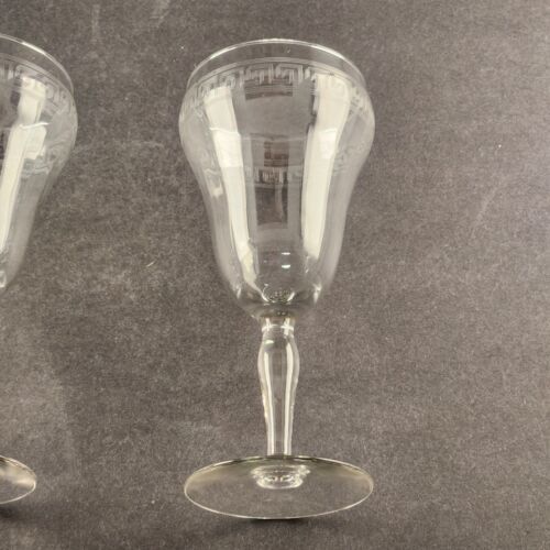 2 Crystal Etched Stemmed Vintage Water Wine Goblets Slight Ribbing 7" Tall