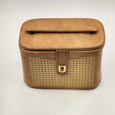Tan Leather Train Case – 10.5" Travel Luggage with Cane Web Front, Latch Closure, Pockets & Interior Mirror Vintage