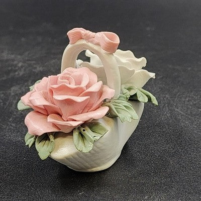 Capodimonte Style White Basket 2.75" w Pink Roses Flower & Bow Porcelain China