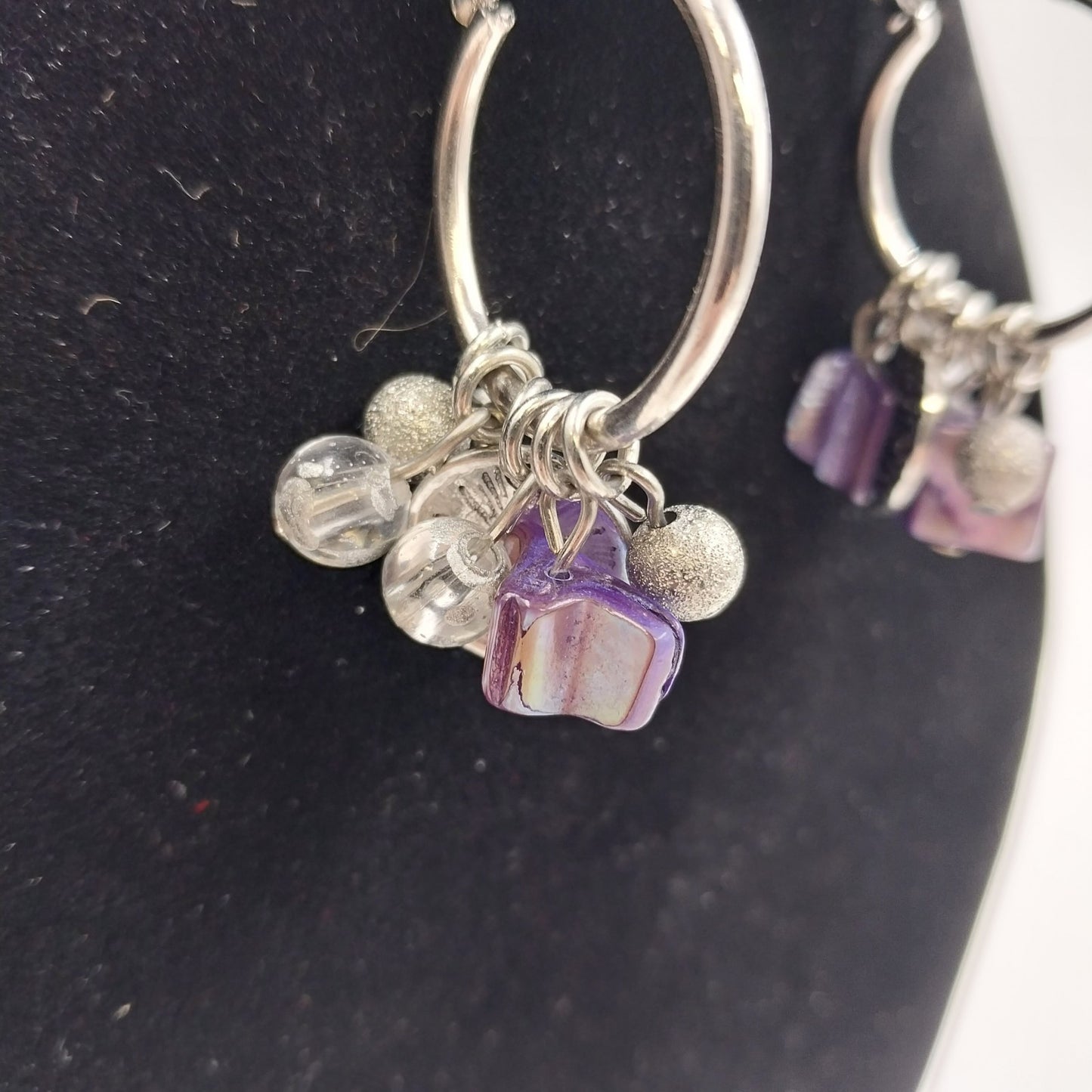 Catherines Silver Tone with Lilac Clear White Drop Dangle Beads Earrings 1"
