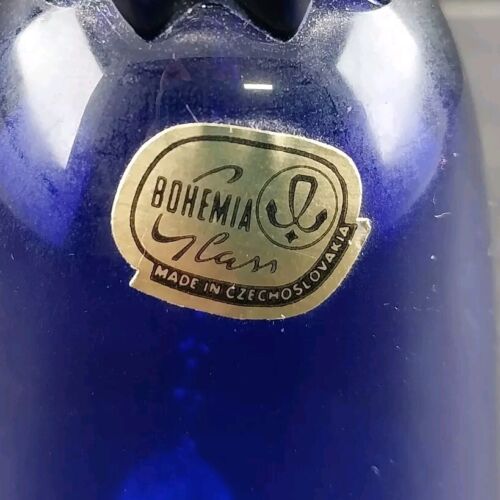 Crystal Cobalt Blue Bell w Clear Spiral Handle Bohemia Glan Czechoslovakia 7.75"