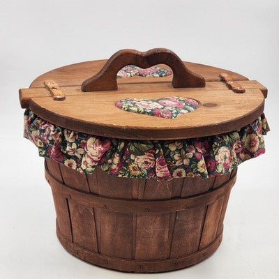 Half Bushel Wooden Sewing Basket Split Lid Heart Handle 15"x13" Floral Lined