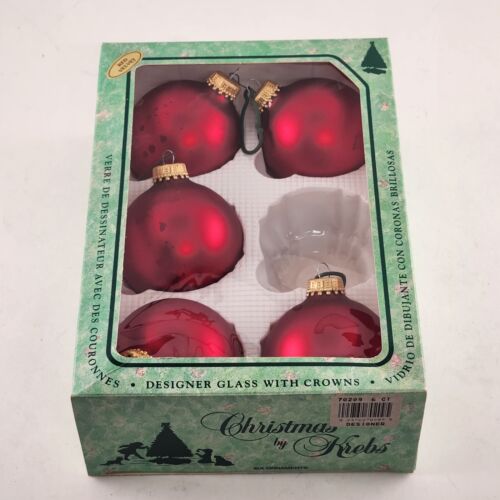 Christmas Ornament Glass Krebs Red jewel tone 5 Pk Vintage Boxed Gold Crown 2.5"