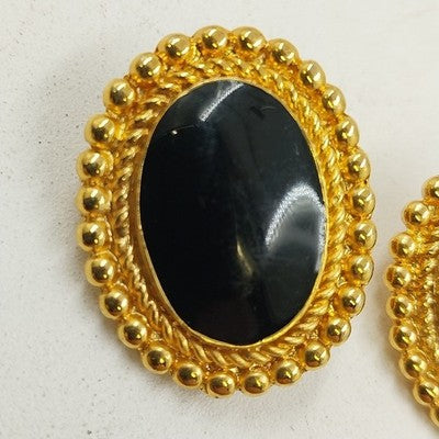 Oval Gold Tone & Black Clip On Earrings