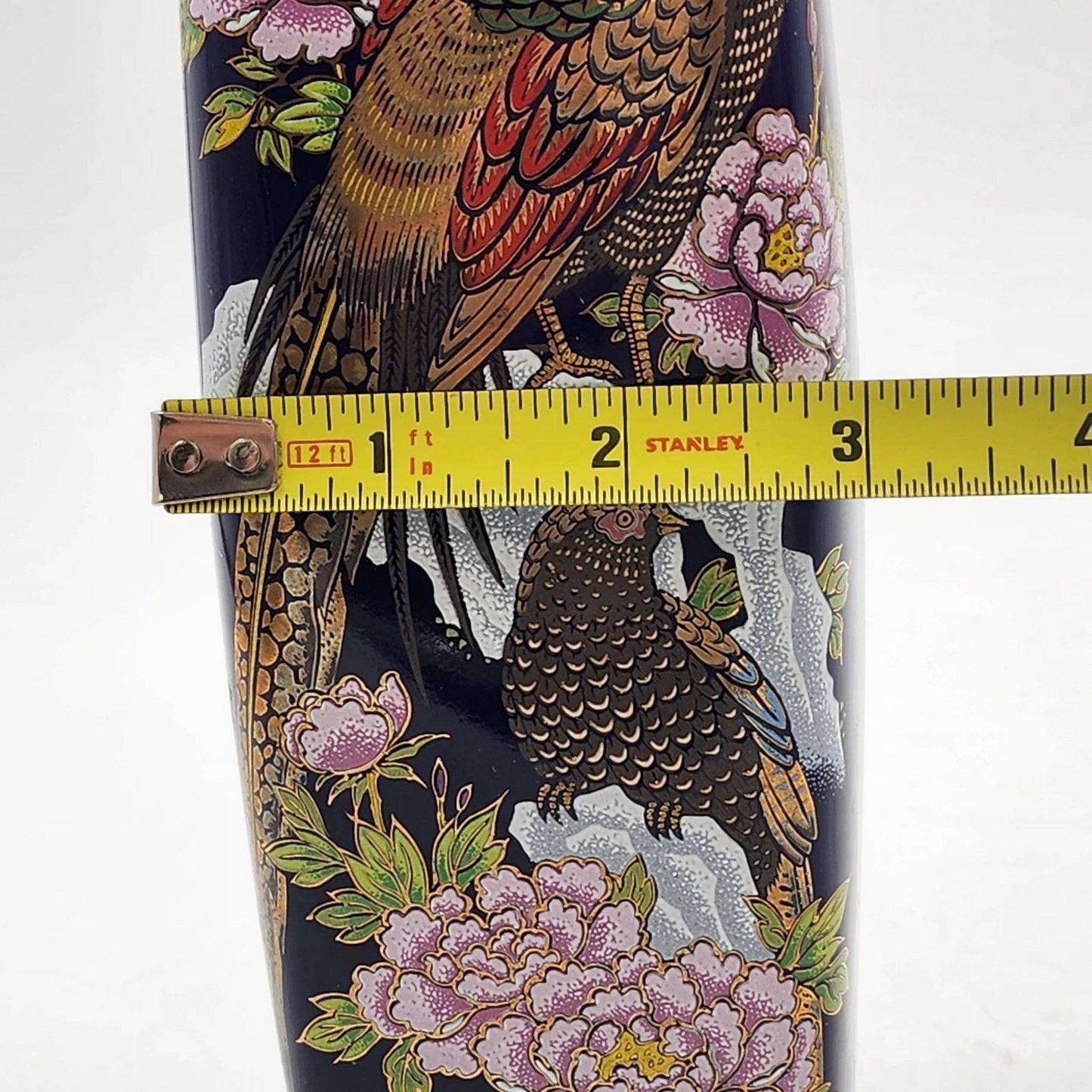 Kutani Interpur Peacocks Floral Vase Cobalt Blue & Gold Trim Japan 9.25”