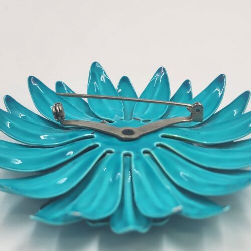 Blue Enamel Flower Brooch Vintage Metal Round Pin 3" Diameter