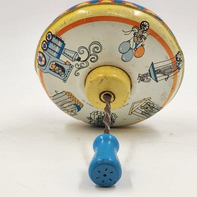 Metal Tin Toy Spinning Top with Circus Animals 6" by Ohio Art USA Vintage 1960s