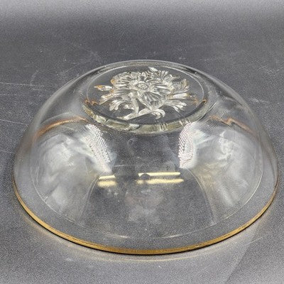 Glass Serving Bowl Floral Flower Etched Bottom Gold Tone Rim 10.5”x3.5”