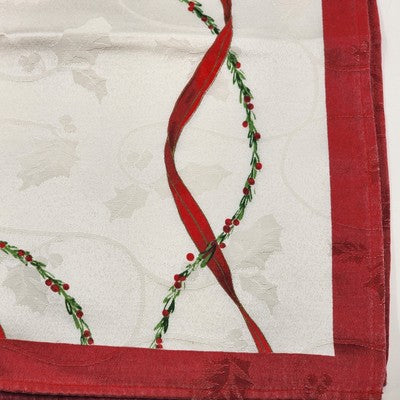 Set of 4 White Red Christmas Napkins 17x16" Holly Design Red Border Hemmed