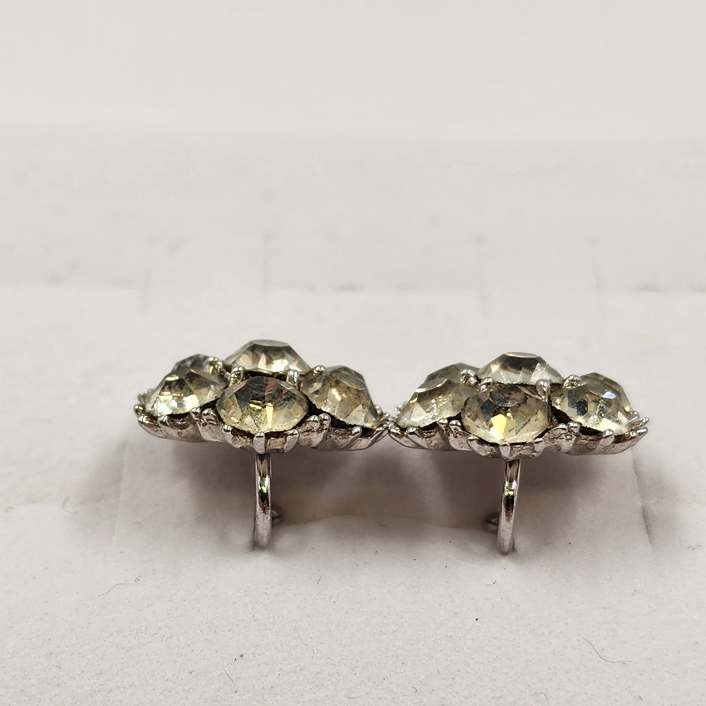 Elegant Silver Tone Clear Rhinestone Button Earrings Vintage Screw Back 0.75”