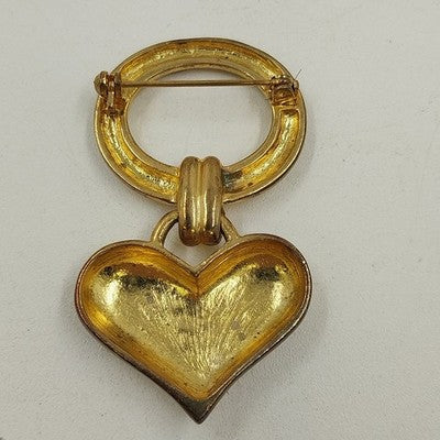 Gold Tone Enamel Hanging Solid Heart in Oval Circle Brooch Pin Jewelry Vintage