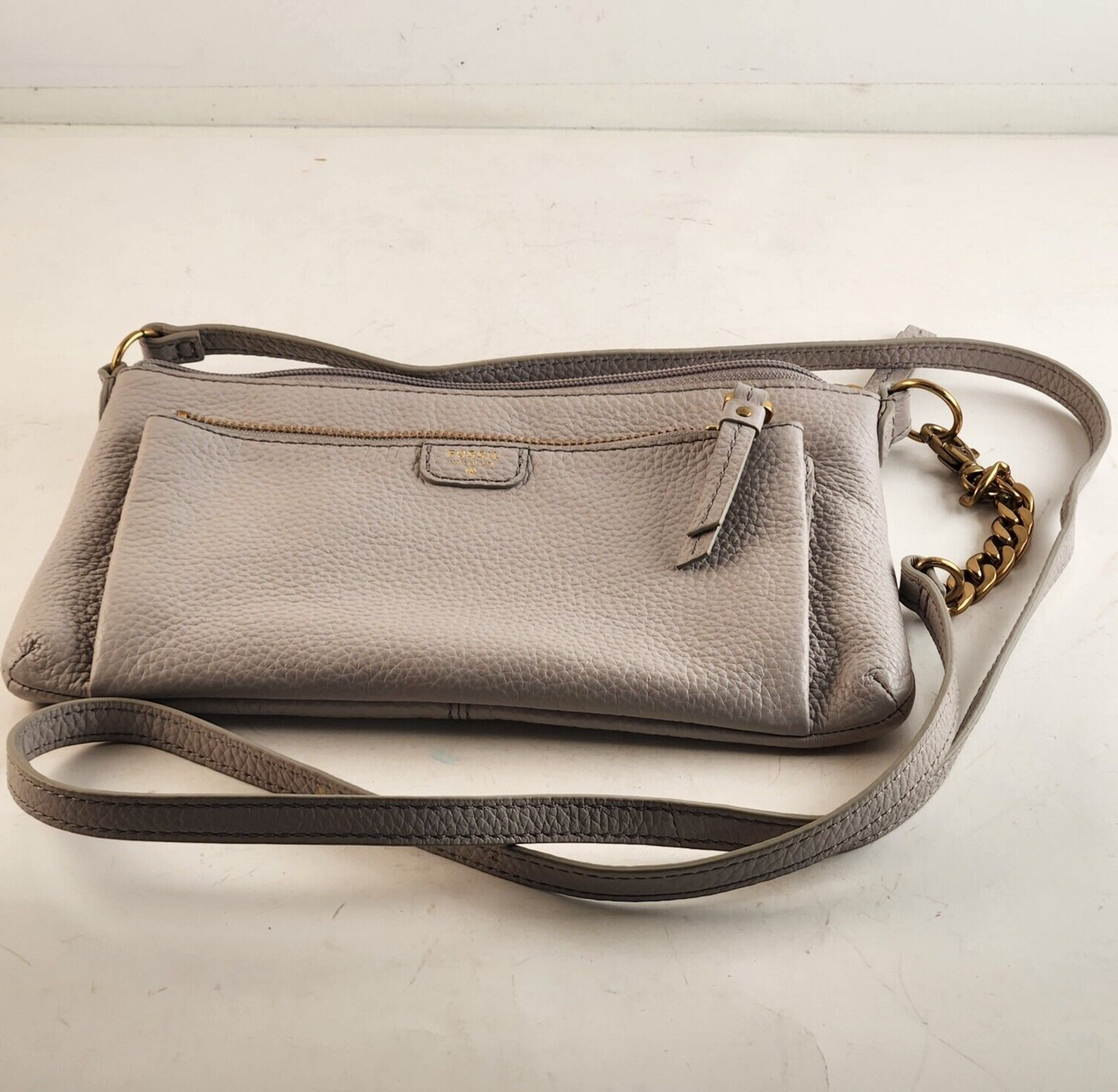Fossil 1954 Pebble Leather Crossbody Purse Tumbled Gray Gold Accents Bag