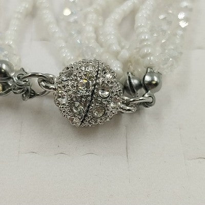 Nine Strand Clear White Small Beaded Magnetic Bracelet w Silver Tone Rhinestone