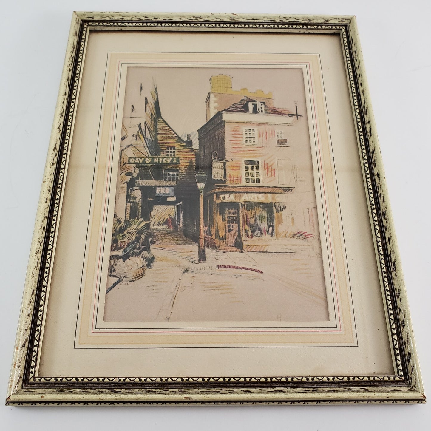 The Square Artwork Village Street Scene Colored Pencil Print Framed Matted 9.75"