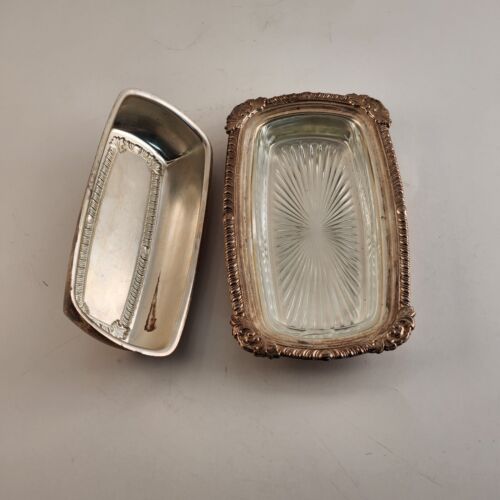 Sliver Plate Butter Dish Vintage Tarnished Table Decor 3 Piece Top Bottom Insert