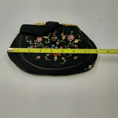 Black French Evening Clutch Bag Wrist Strap French Knot Embroidered Pearls 1930s