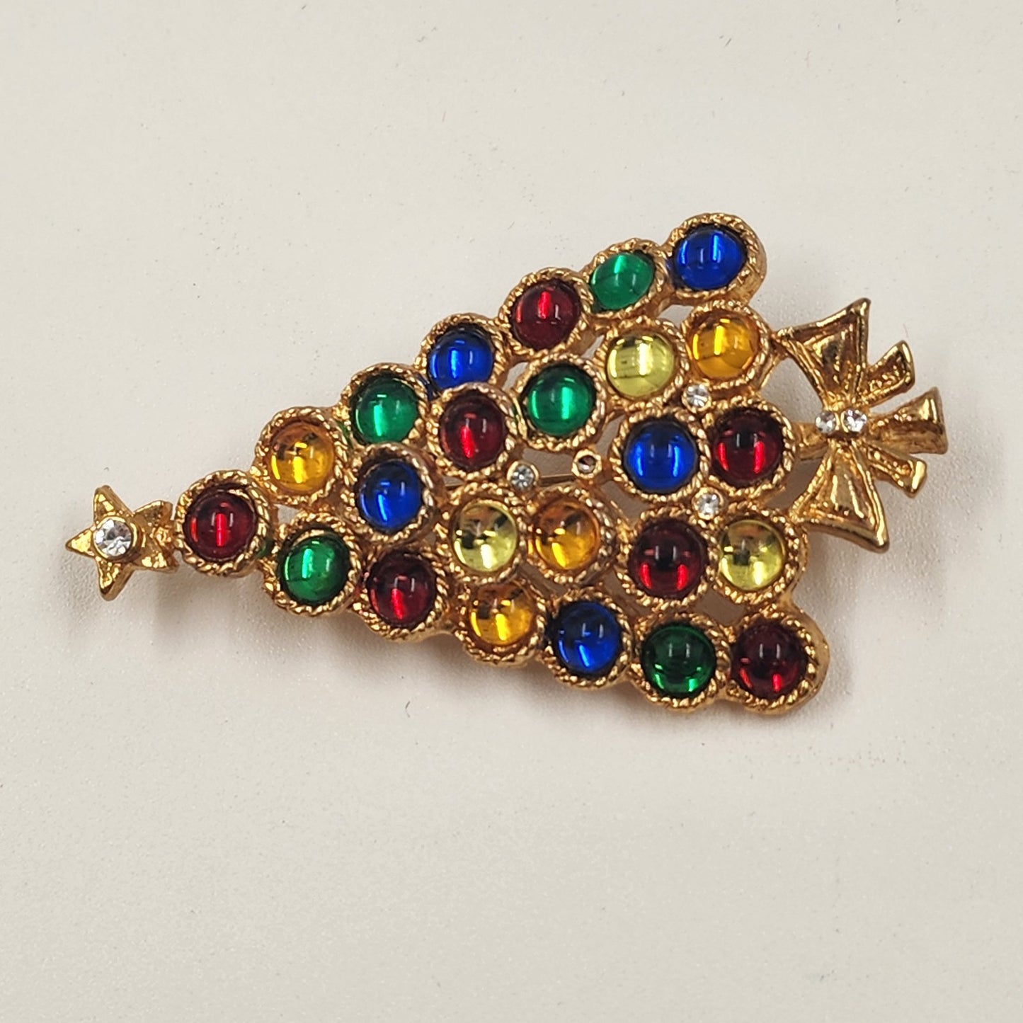 Christmas Tree Gold Tone Brooch w Multicolor Rhinestone Pin 2.5" Holiday Vintage