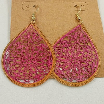 Plunder Mollie Pink Orange Teardrop Shaped Filagree Drop Dangle Earrings Jewelry