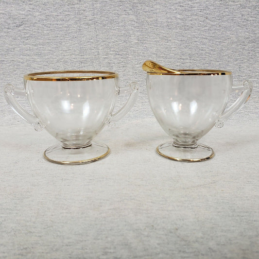 Crystal Elegant Glass Sugar Bowl & Creamer Gold Gilt Scroll Handle Vintage