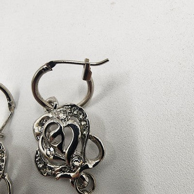 Silver Tone Floral with Crystal Rhinestone White Faux Pearl Dangle Earrings 1.5"