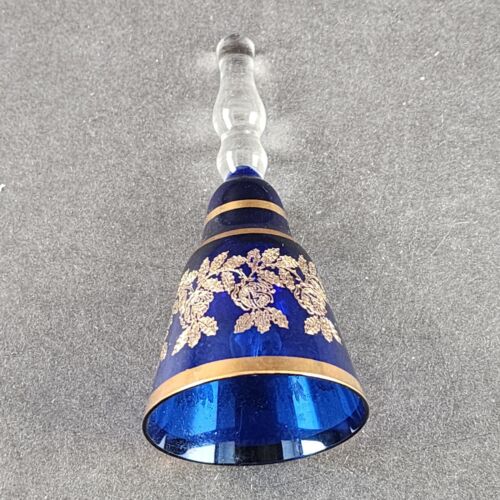 Cobalt Blue Glass Bell w Clear Handle Gold Trim Bohemia Glan Czechoslovakia 4"