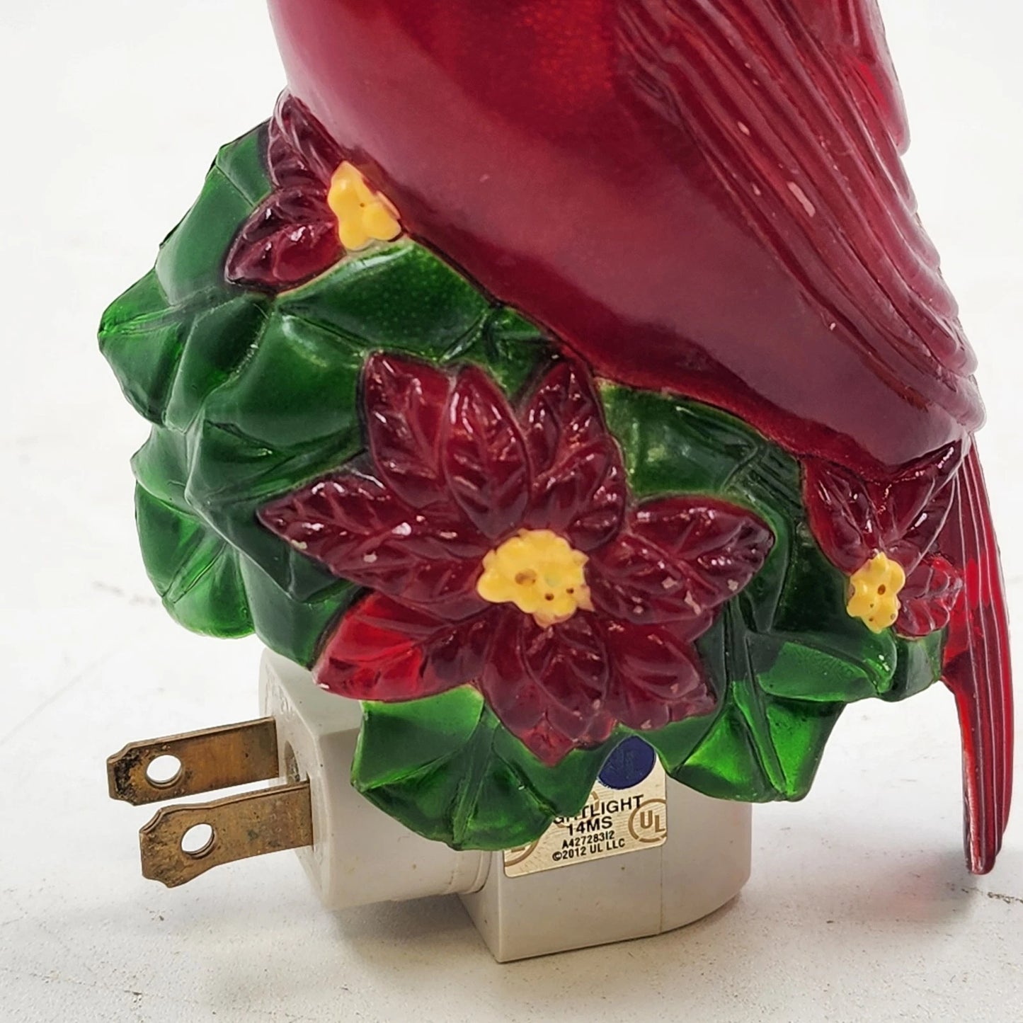 Red Cardinal Night Light Poinsettia Design Holiday Time C7 Bulb Outlet Mounted