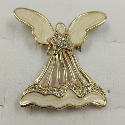 Gold Tone Open Work White Enamel Angel with Rhinestones Brooch Lapel Pin 1.5"