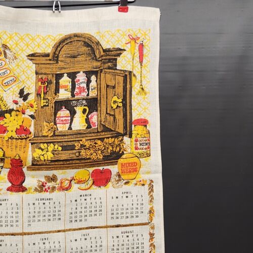 Country Cabinet with Spices 1976 Calendar Linen Kitchen Towel Vintage 27" x 16"