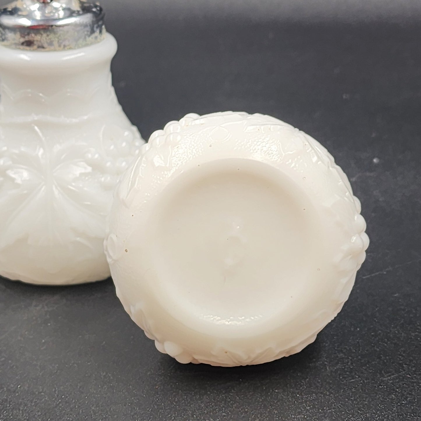 Imperial Milk Glass Grape Vine Pattern Large Salt and Pepper Shaker Set Vintage