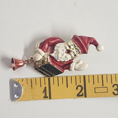 Santa Claus Waving from Chimney Brooch Dangling Bell in Hand 2.5" x 1" Vintage