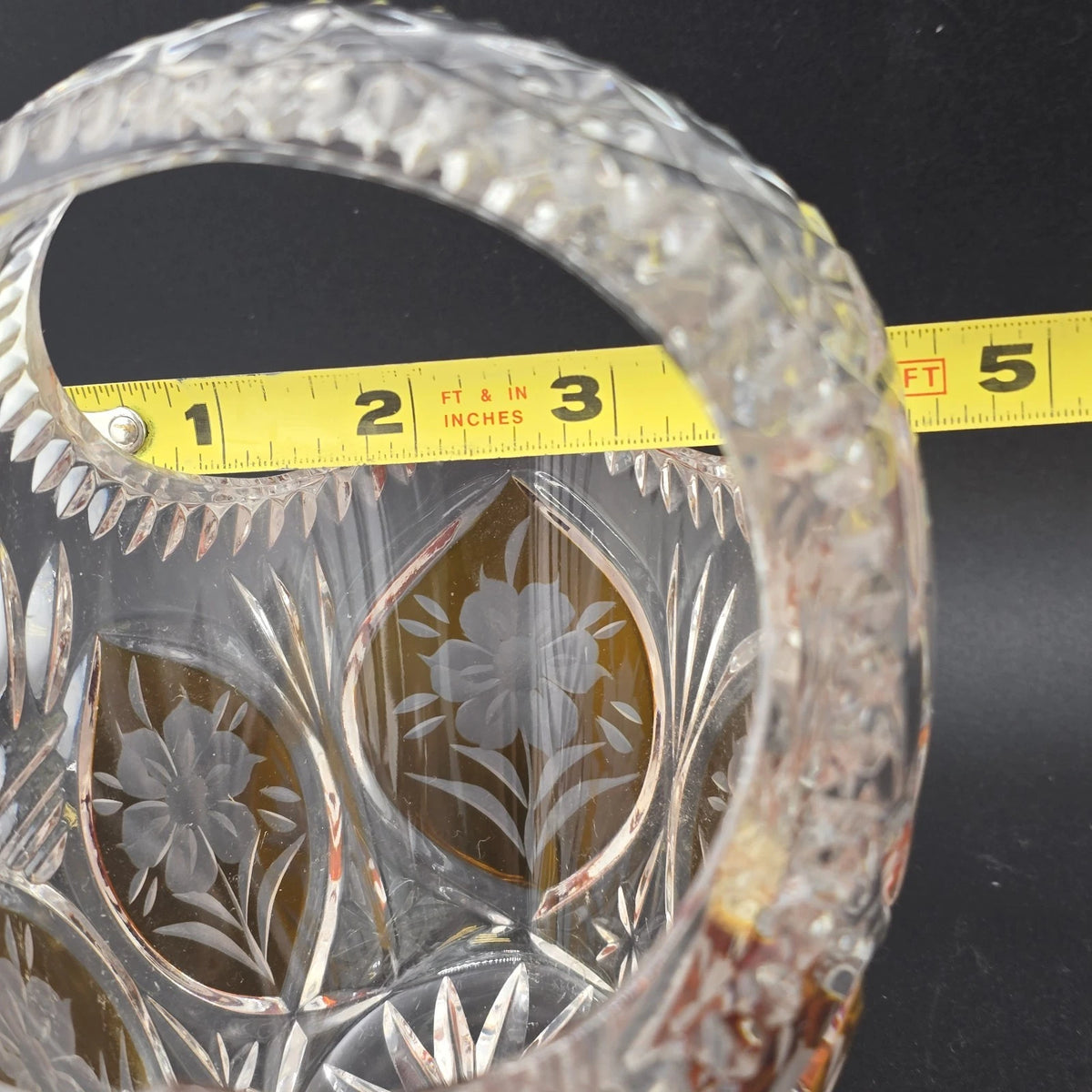 Cut Crystal Basket Amber Cut to Clear Etched Floral Handled 6" Vintage