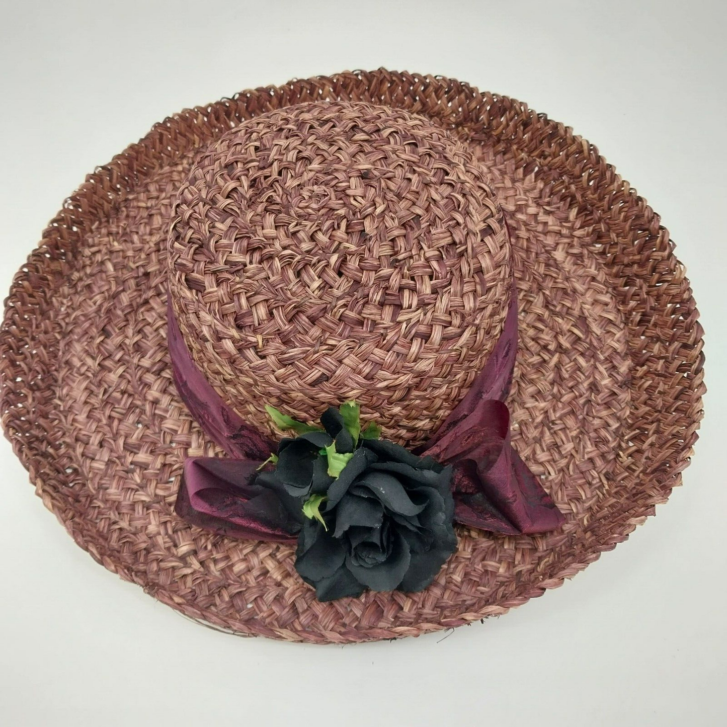 Purple Woven Straw Sun Hat Bow with Black Rose Grosgrain Floral Flower Band 15"