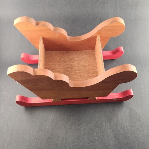 Christmas Decorative Wooden Sleigh Light Brown with Red Runners 13.5" x 7" x 8"h